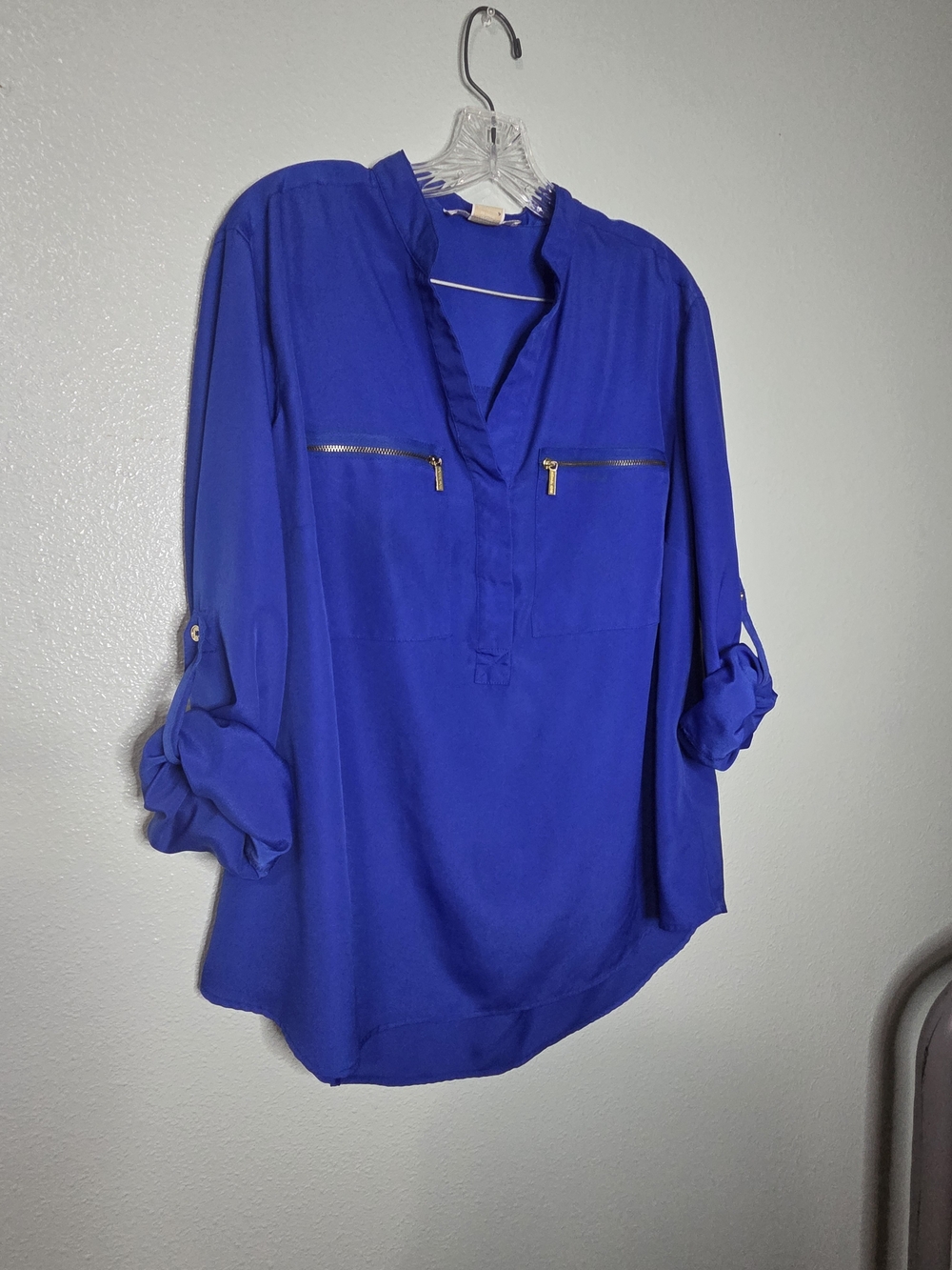 Michael Kors Cobalt Blue V-Neck Utility Blouse with Zip Accents - Picture 4 of 13